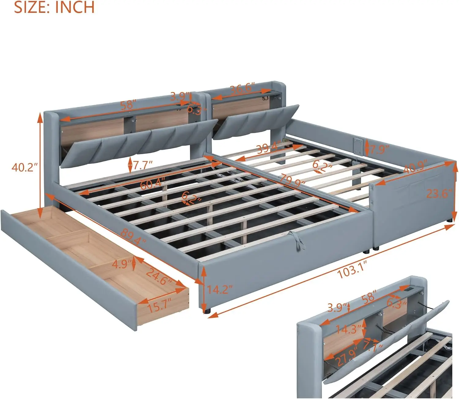 Mother & Child Platform Bed, Queen & Twin Xl Size Upholstered Bed Frame With Hydraulic Storage System, Drawer Box, Bedhead