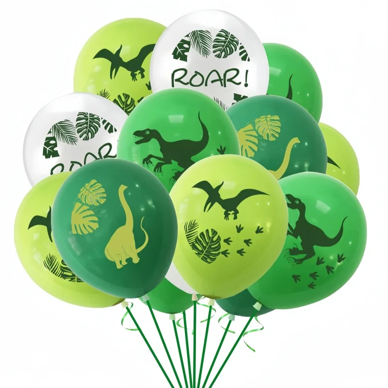 Dinosaur Printed Balloons for Kids, Latex Balloons, Green and White, Birthday Themed Party Decor, Baby Shower Supplies, 12 in