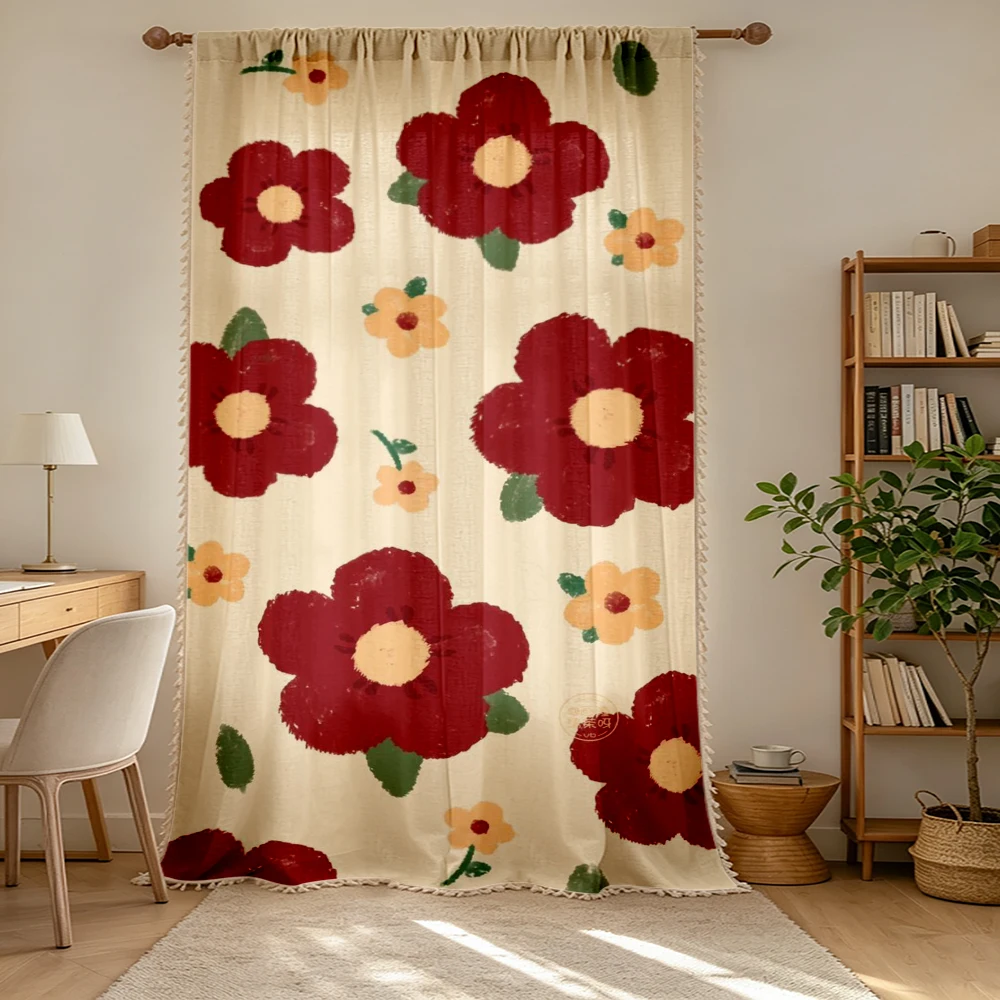 1PC Vintage Tassel Sheer Curtains, Red Poppy Floral, Digital Print, Polyester, Bedroom Living Room, Rod Pocket, Home Decor
