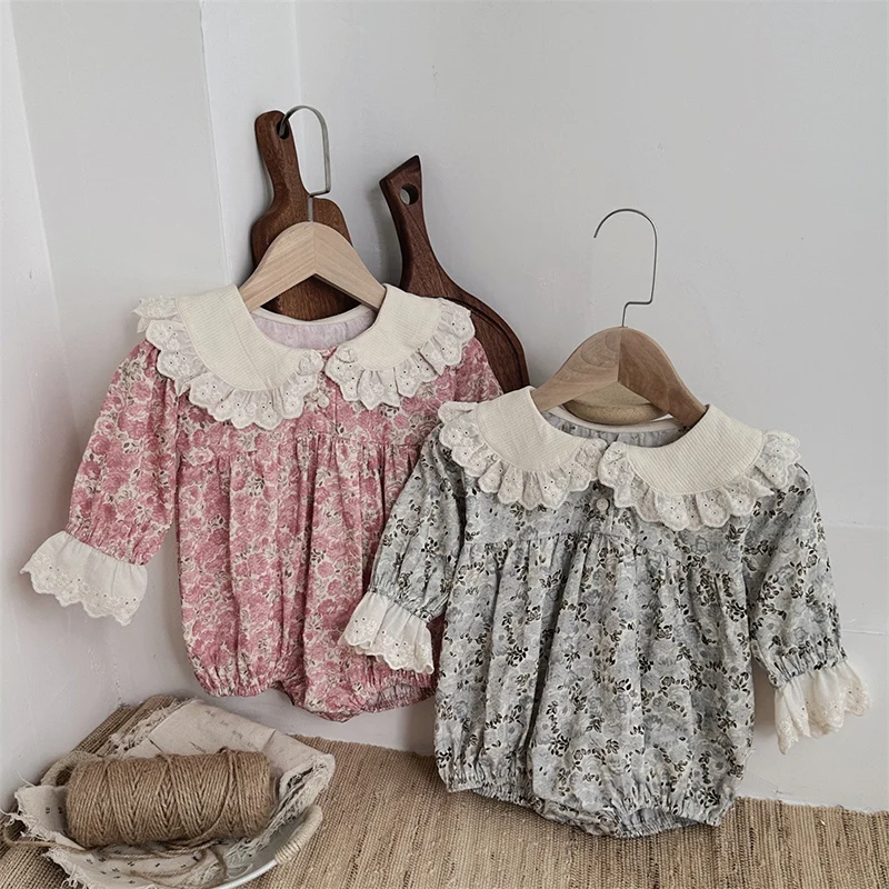 2024 New Autumn 0-24M Children Clothes Newborn Baby Girls Bodysuits Long Sleeved Cotton Flower Print Korean Style Climbing Suit