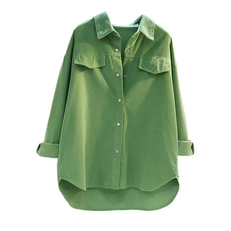 Avocado Green Long Sleeved Corduroy Shirt for Women\'s 2024 Spring Autumn New Thickened Double Pocket Shirt Jacket Cardigan Top