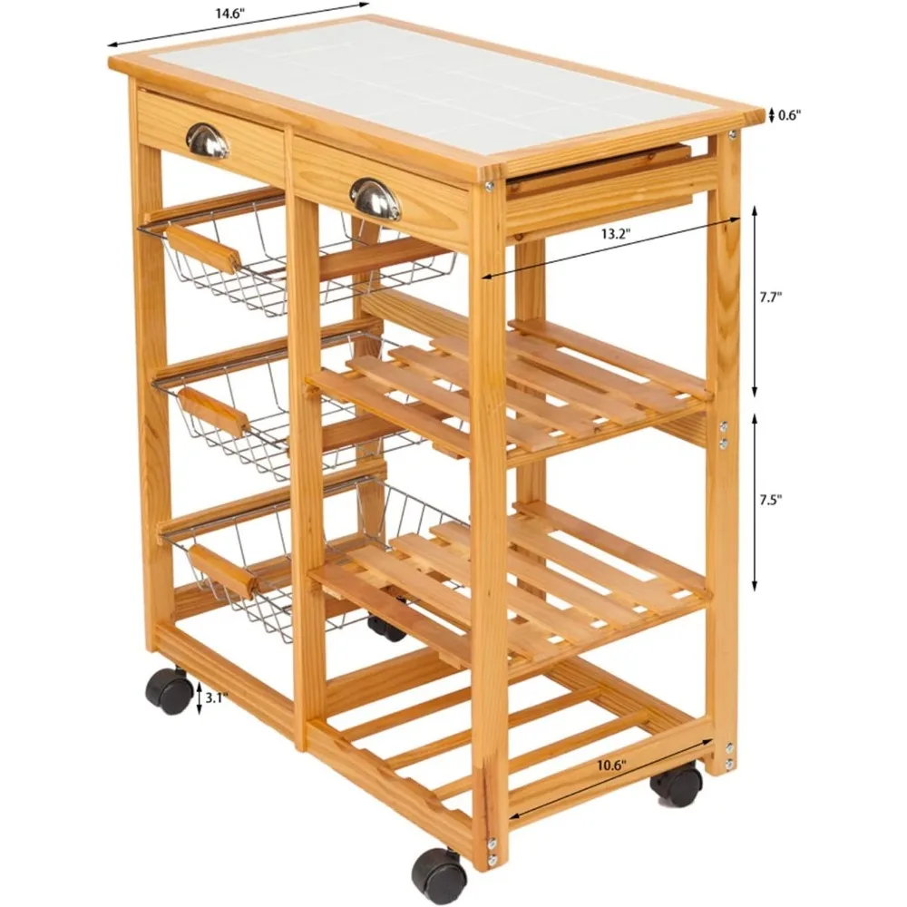 Moveable Kitchen Island Cart Rolling Wood Kitchen Storage Trolley Utility Cart Rack w/Storage Drawers/Baskets Dining Stand Stora