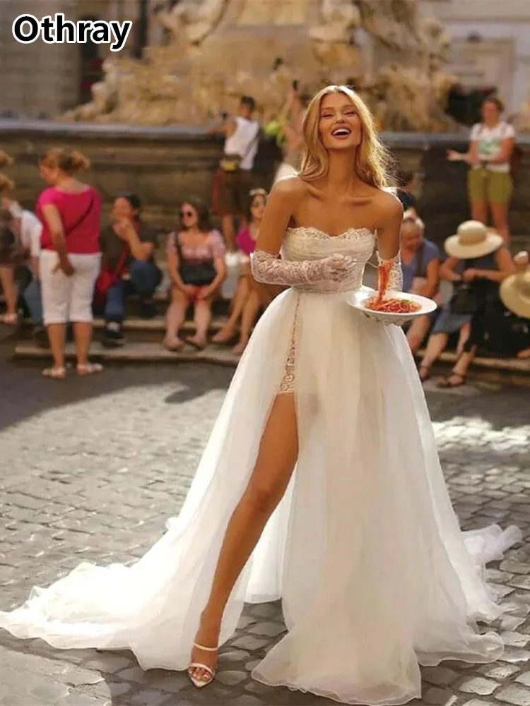 Othray Boheemse Kant Trouwjurken Sexy Hoge Split Een Lijn Bruid Jurk Afneembare Overrok Trein Boho Trouwjurk 2025