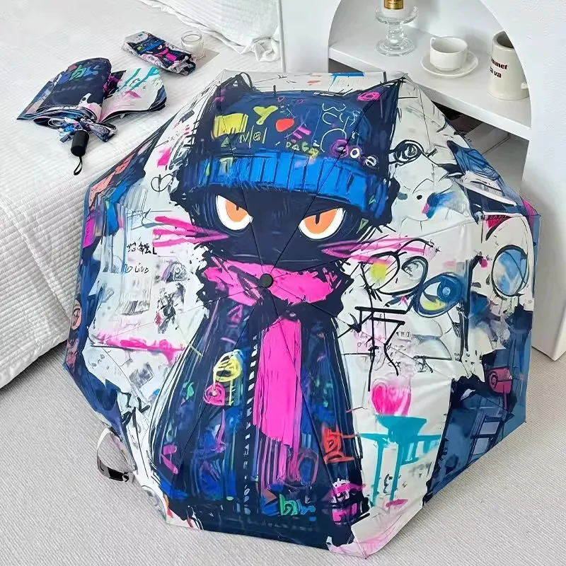 Guarda-chuva automático com design moderno, guarda-chuva para sol e chuva, guarda-chuva com proteção solar e sombreamento com revestimento preto, dobrável e portátil.