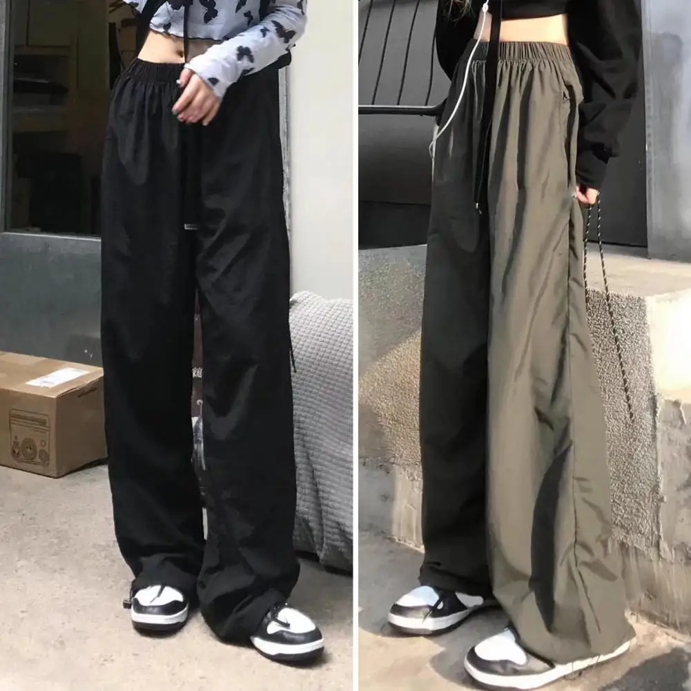 Women Cargo Pants Black Wide Leg Parachute Pants Vintage 90s Drawstring Trousers Korean Streetwear Baggy Straight Sweatpants