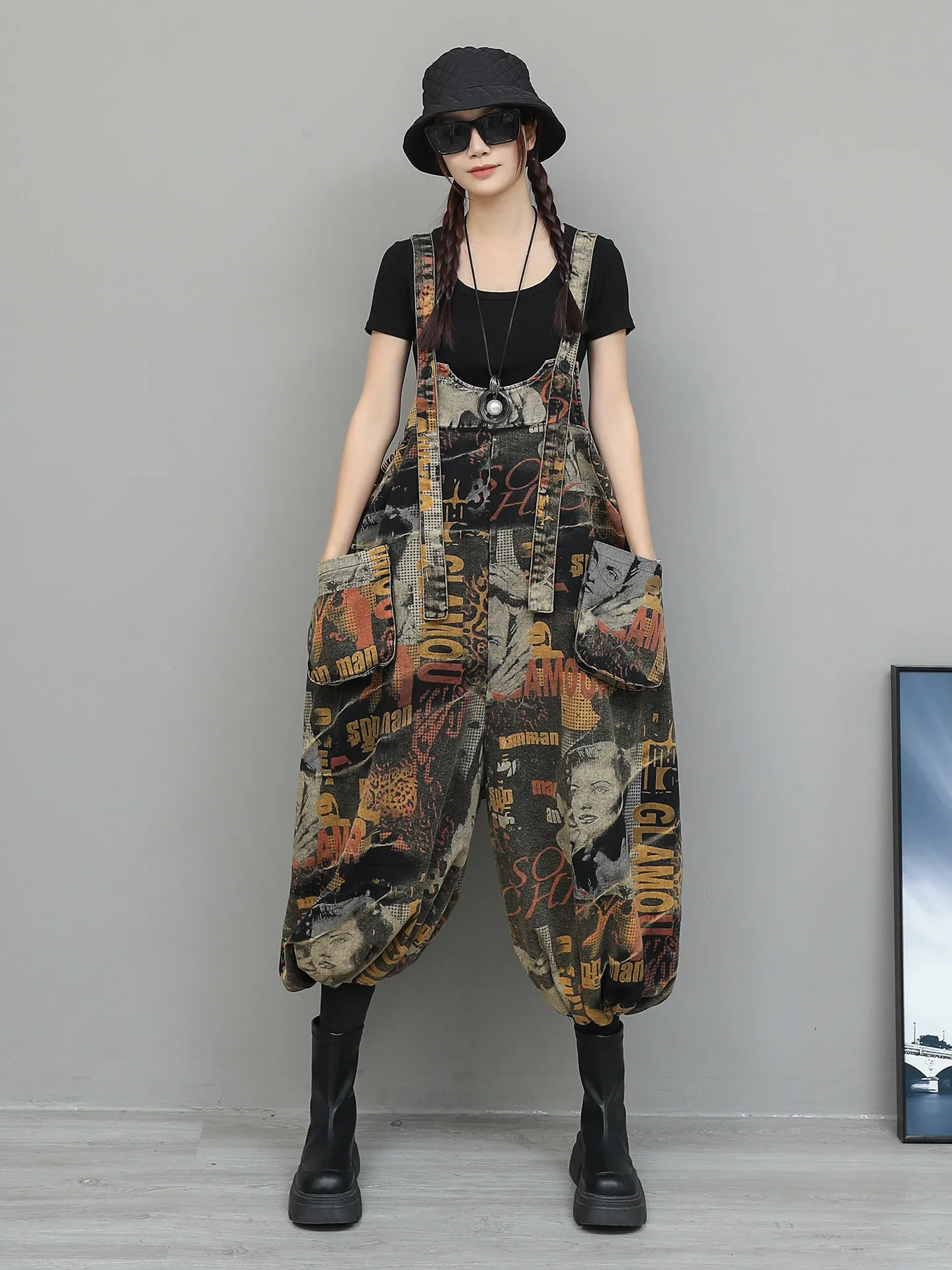 Personalized Distressed Printed Denim Overalls Women Fashion Spring Loose Sleeveless Streetwear Patchwork Large Pocket Jumpsuits