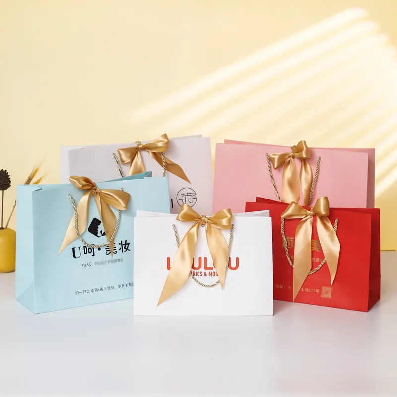1-5PC Color Gift Bags With Handles Paper Party Favor Handbag Bow Ribbon Jewelry Packing Birthday Wedding business Present Wrap