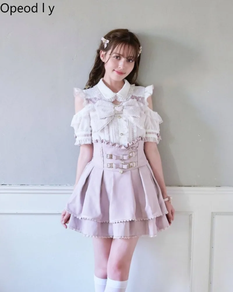 

Liz Japanese New Lolita Off-the-shoulder Pearl Doll Collar Long-sleeved Shirt Cute Sweet Bow Lace Versatile Short-sleeved Shirt