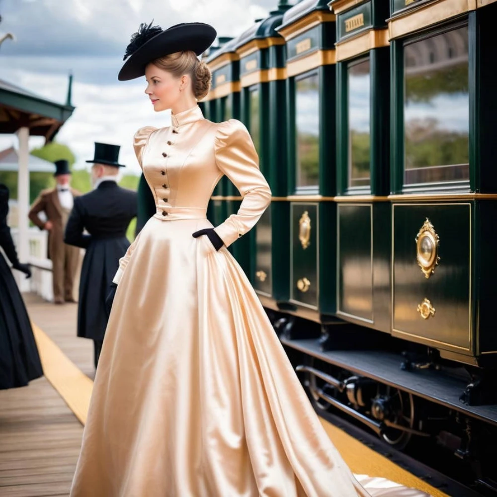 Vintage Victorian Champagne Prom Dress With Pockets High Collar Satin A-Line Elegant Evening Gowns Customized Masquerade Costume