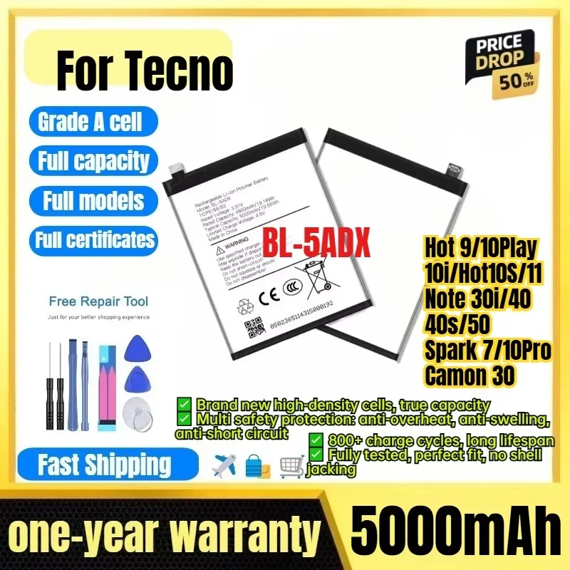 BL-5ADX for infinix Tecno Hot 9/10Play/10i/Hot10S/11/Note 30i/40/40s/50/Spark 7/10Pro/Camon 30 Phone Battery Replacement Bateria