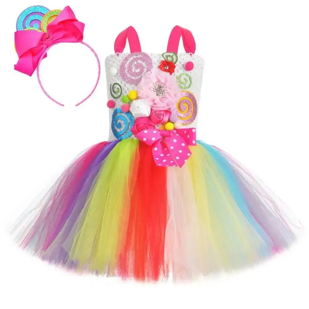 

Rainbow Flowers Lollipops Costumes for Girls Candyland Birthday Tutu Dress for Kids Candy Lolly Outfit Children Holiday Clothes