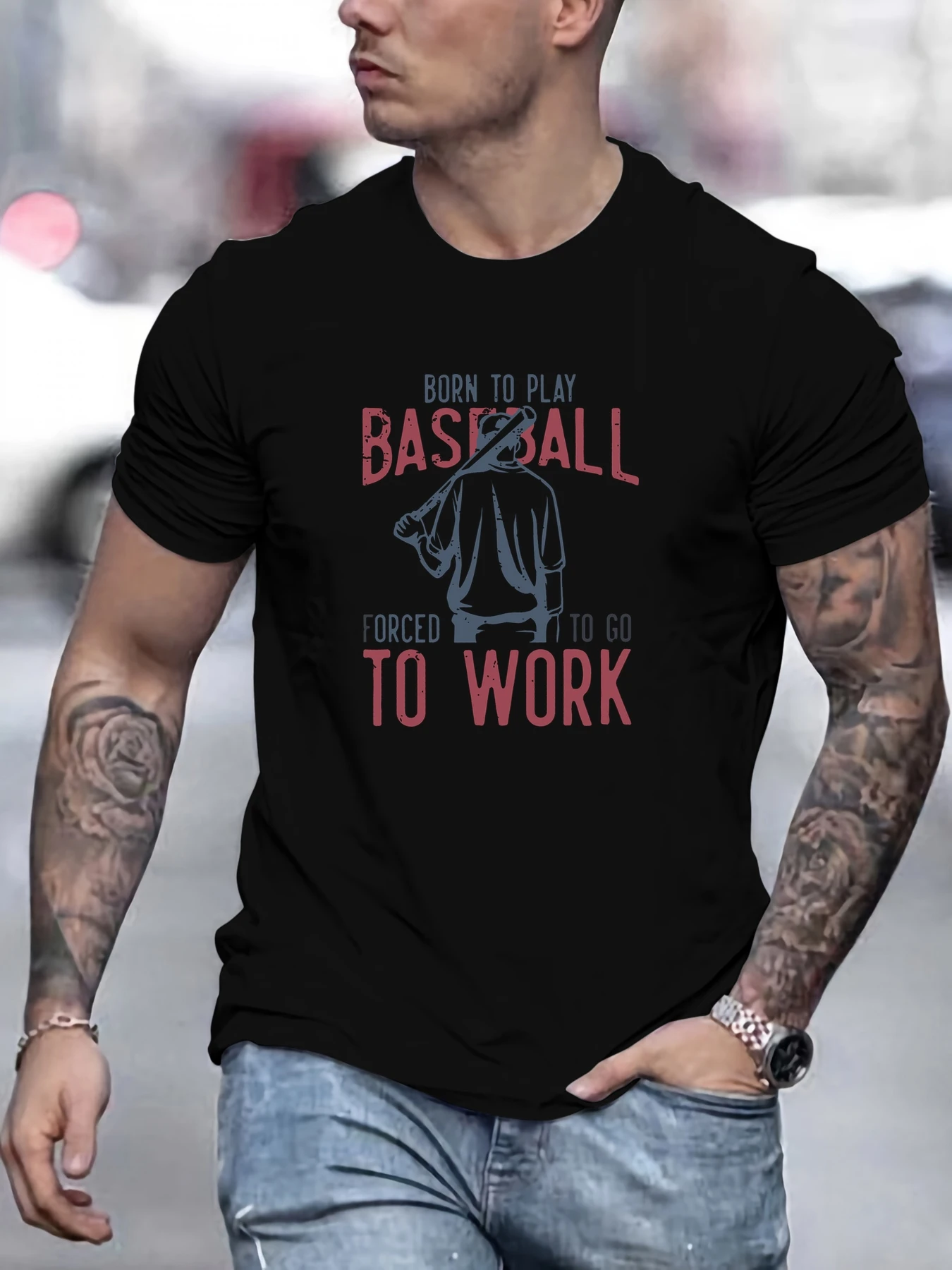 

Male Born to Play Baseball, Forced to Go to Work Pattern Summer Casual Crew Neck Short T-Shirt