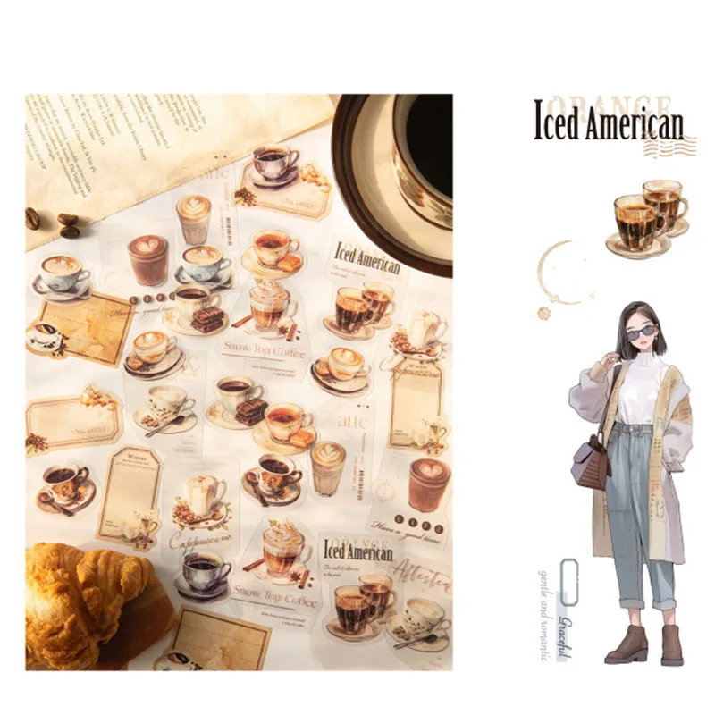 30pcs Watercolor Coffee PET Stickers A Cup Of Coffee Time Series Hand Tent DIY Decorative Collage Coffee Mug Stickers