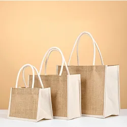 Diy em branco bolsa de supermercado juta serapilheira tote sacos grande capacidade feminino menina dobrável organizador de armazenamento de viagem com alças