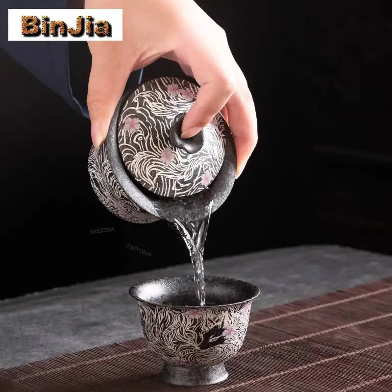 150ml Gilt Silver Nine-tailed Fox Gaiwan Vintage Tea Tureen Tea Bowl with Lid Kit Tea Brewing Cover Bowl Chinese Tea Set Gifts