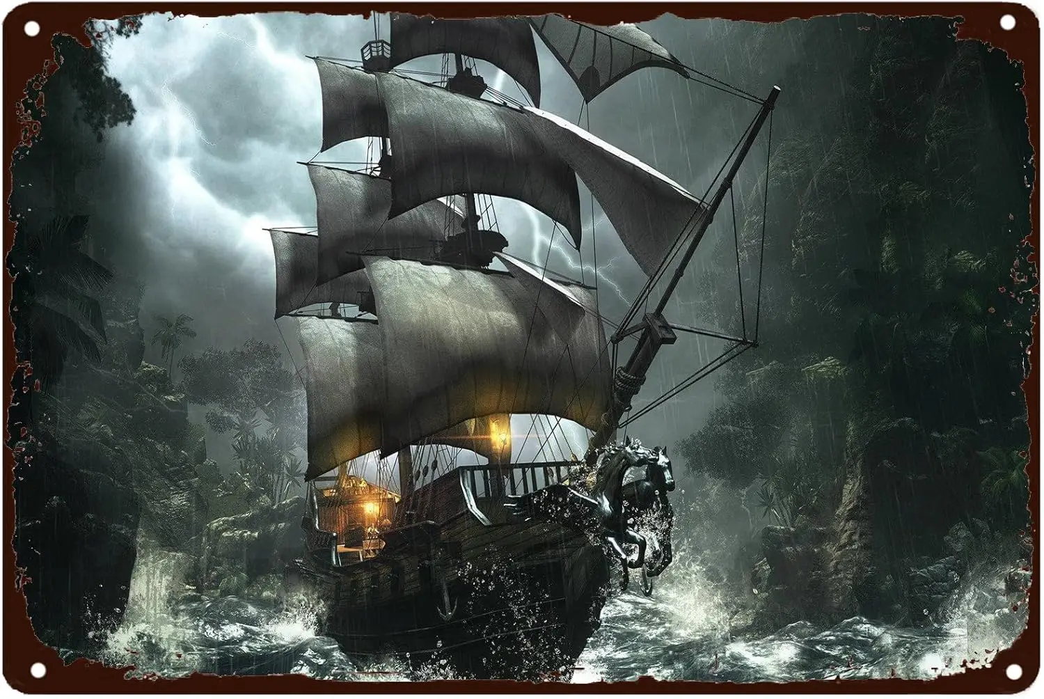ETTIBETRENDY Pirate Ship Antique Tin Sign A Ship Sailing in a Stormy Ocean Funny Novelty Metal Retro Wall Decor for Home Ba sign