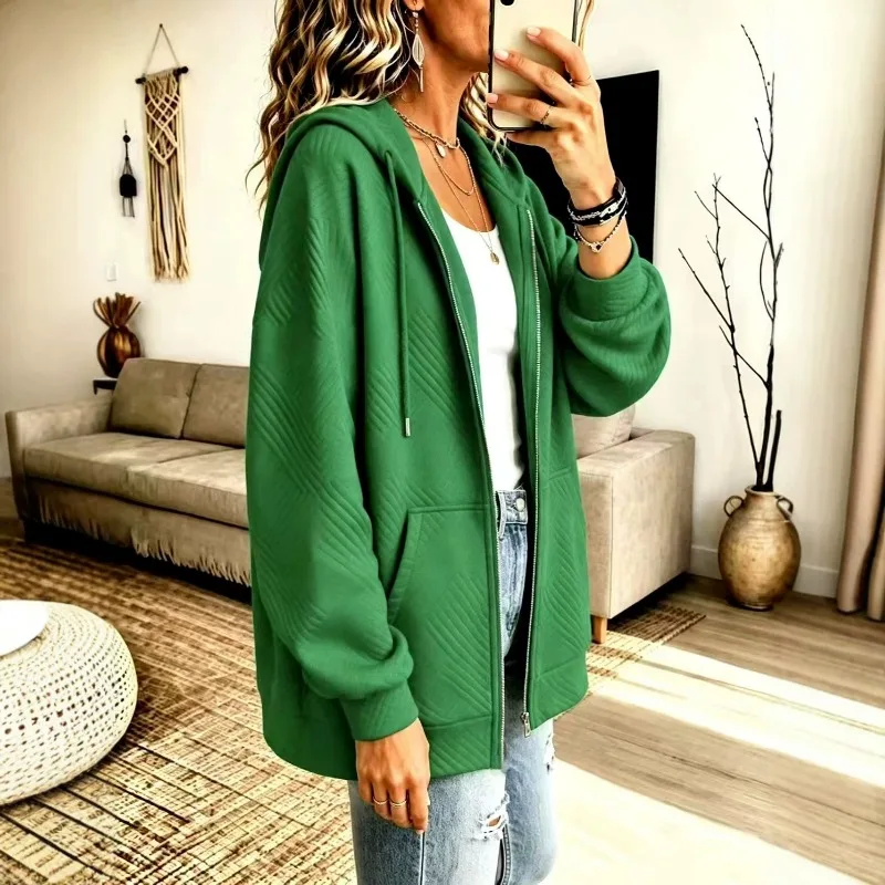 New Large-sized Solid Color Hooded Loose and Casual Zipper Women's Sweatshirt for Cross-border Autumn and Winter Casual Fashion