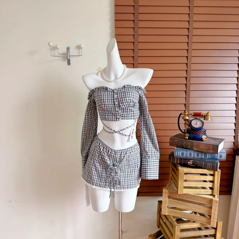 

Women's Summer Streetwear Two Pieces Skirt Set Lady Off Shoulder Slash Neck Long Sleeve Single Breasted Crop Blouse Top + Skirt