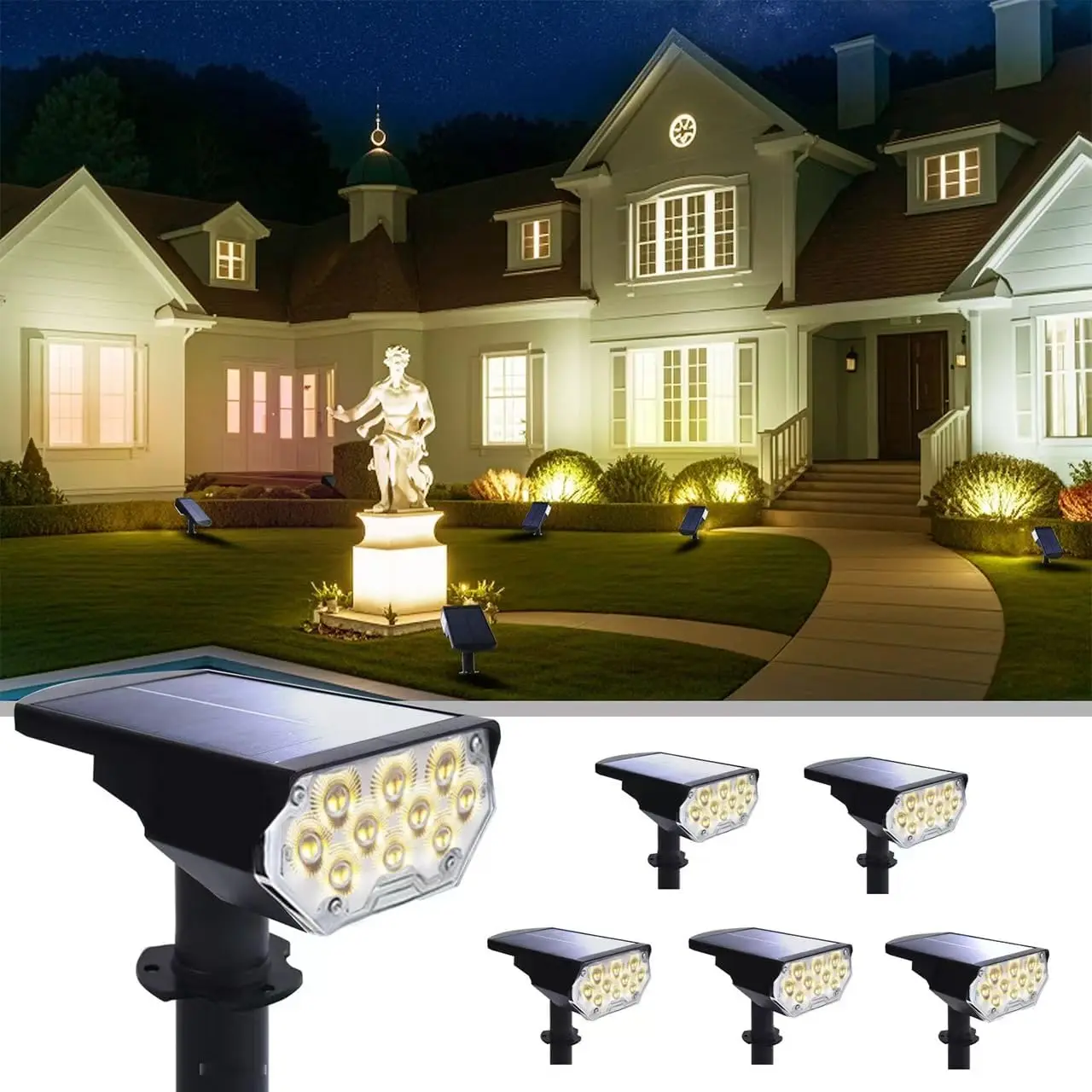 6 Pack Solar Spot Lights Outdoor Waterproof, 20 LEDs Bright Landscape Spotlights Dusk to Dawn, Warm White Adjustable Uplights fo