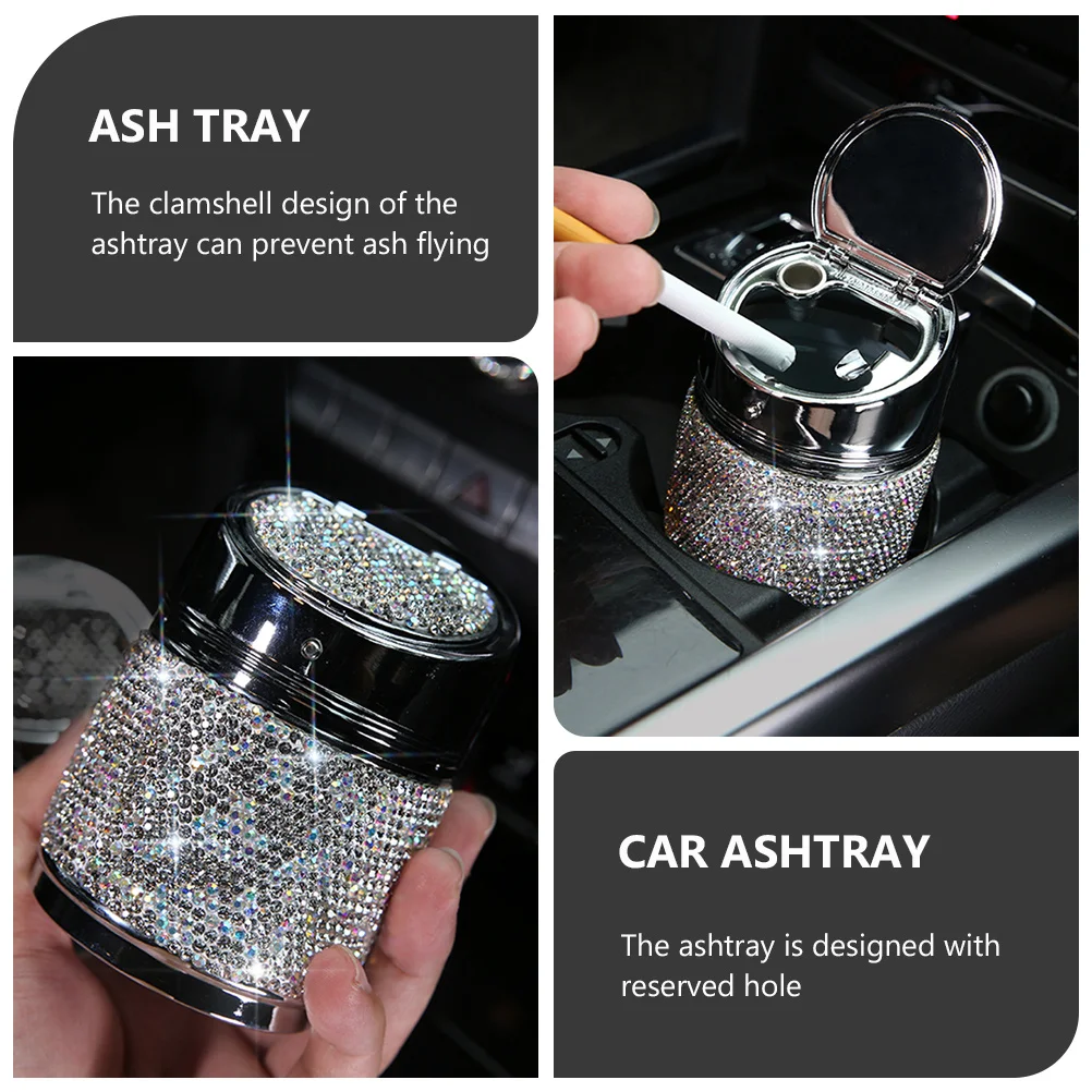 

Bling Rhinestone Car Ashtray Windproof Design Cigarette Holder With Lid Smoke Proof Luxury Auto Ash Container For Home Office