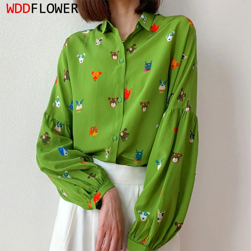 Women Silk Shirt 100% Mulberry Silk Crepe Silk Green Cartoon Printed Collared Buttons Down Lantern Long Sleeve Top Blouse MM689