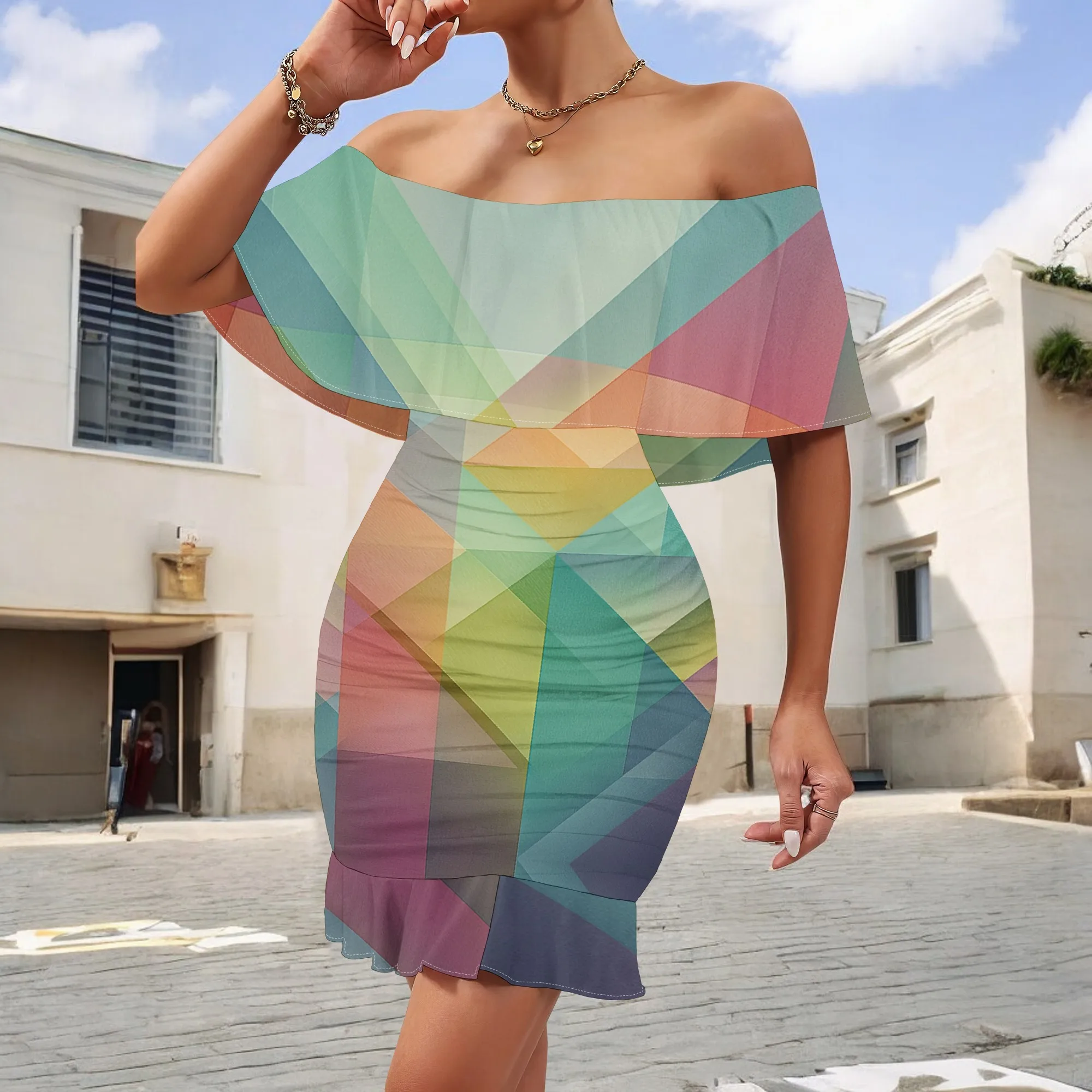

Rainbow Geometric Print Dress S-3XL Off Shoulder Ruffle Hem Bodycon Style for Pride Parade, Art Party or Summer Night Out