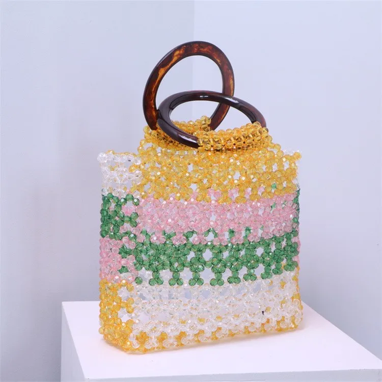 2021 Fashion design acrylic crystal  rainbow beads bag handmade weaving handbag for women