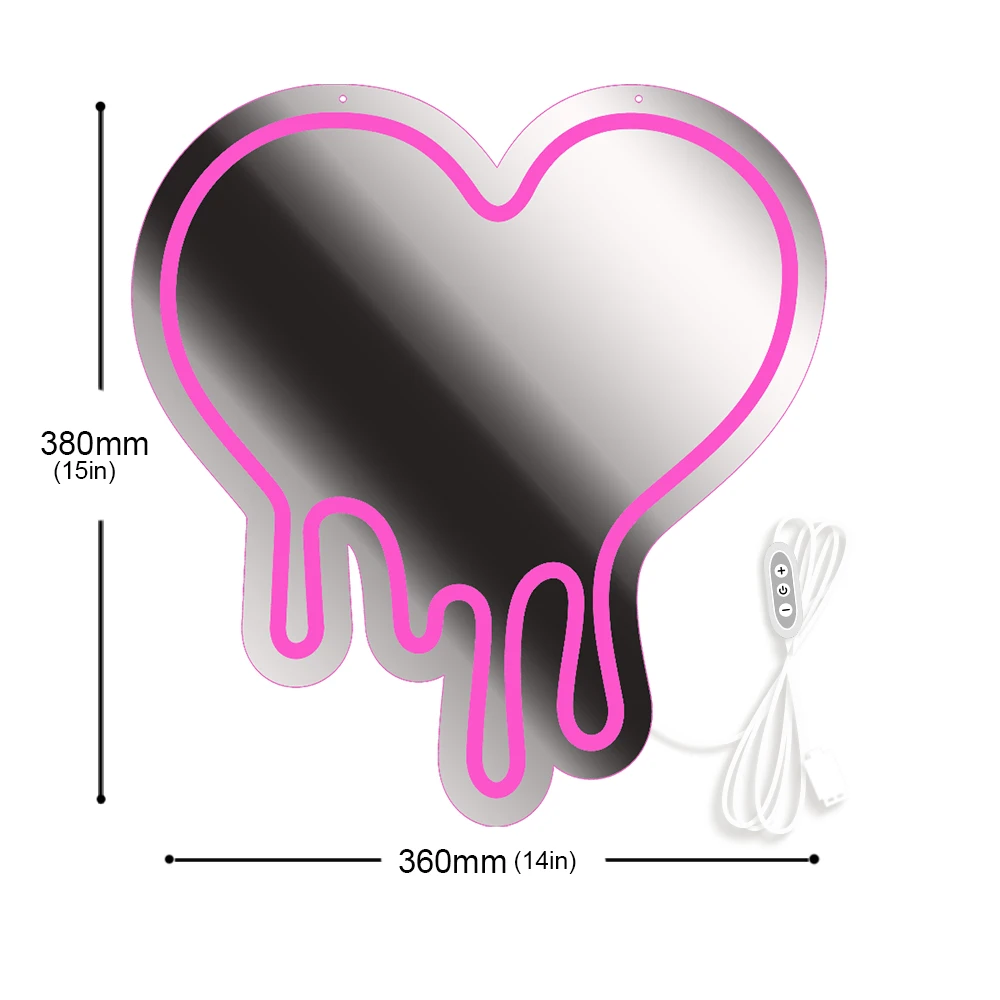 Mirror Neon Sign Melting Heart USB Powered 38x36cm Heart LED Sign for Girls Room, Bedroom, Cafe, Clothes Store Decor Light