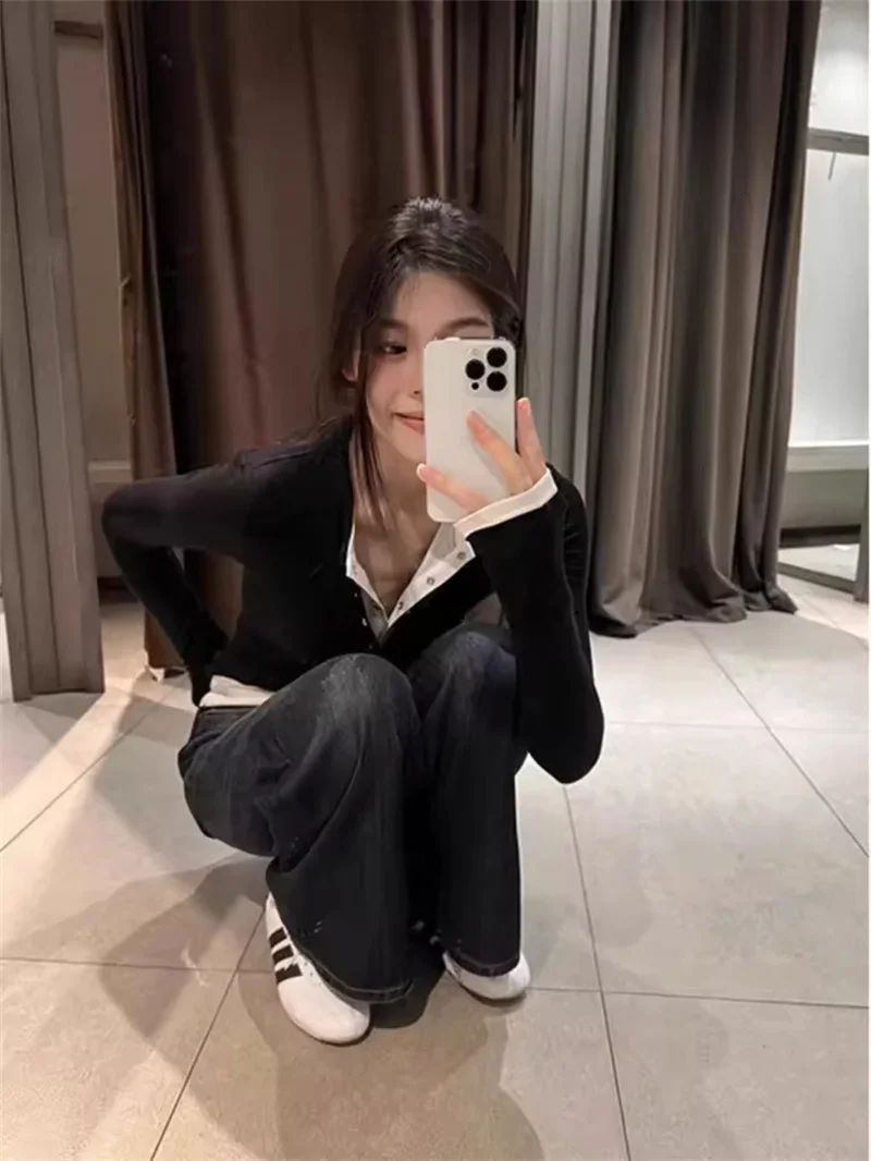 Pop American Lapel Collar Long Sleeve Women's T-Shirt Spring Autumn Casual Fake Two Items Tee Girl Slim Inner Wear Base Top