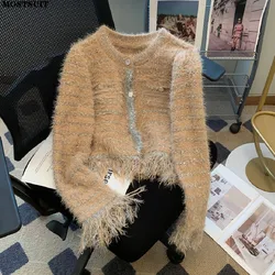 Elegant Stylish Striped Tassels Cardigan Sweater Women Silver Thread Vintage Fashion Knitwear Long Sleeve Single-breasted Jumper