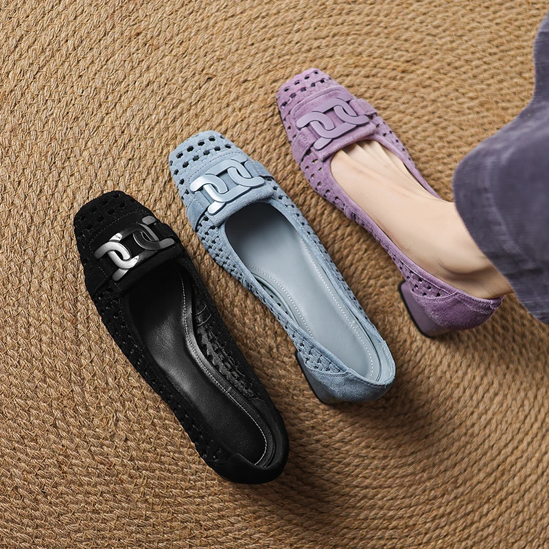 Genuine Leather women's sandals hollow-out natural suede leather square toe slip-on pumps metal buckle summer 4cm heeled sandals