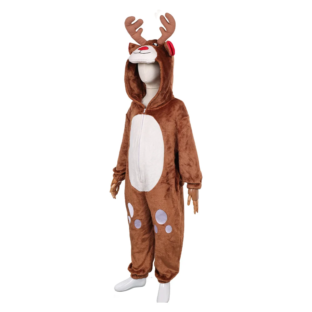 Kids Reindeer Cosplay Pajamas Costume Animal Brown Deer Disguise Boy Girl Nightwear Halloween Christmas Carnival Party Jumpsuit view 3