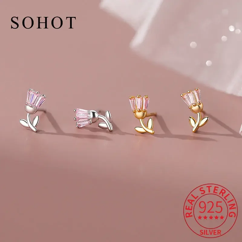 Fashion Real 925 Sterling Silver Zircon CZ Tulip Flower Stud Earrings For Women Cute Fine Jewelry Minimalist Accessories