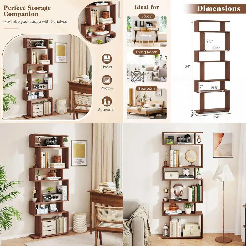 

6-Tier S-Shaped Wooden Bookshelf with Anti-Tipping Kits, Decorative Storage Unit for Home and Office Living Room (Walnut)