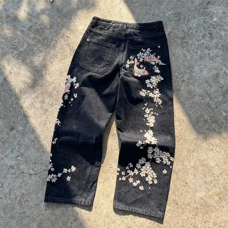 

Y2K Мешковатые джинсы Harajuku Рыбы Вышивка Cherry Blossom Selvedge Джинсовые брюки Готические винтажные повседневные широкие брюки уличная одежда