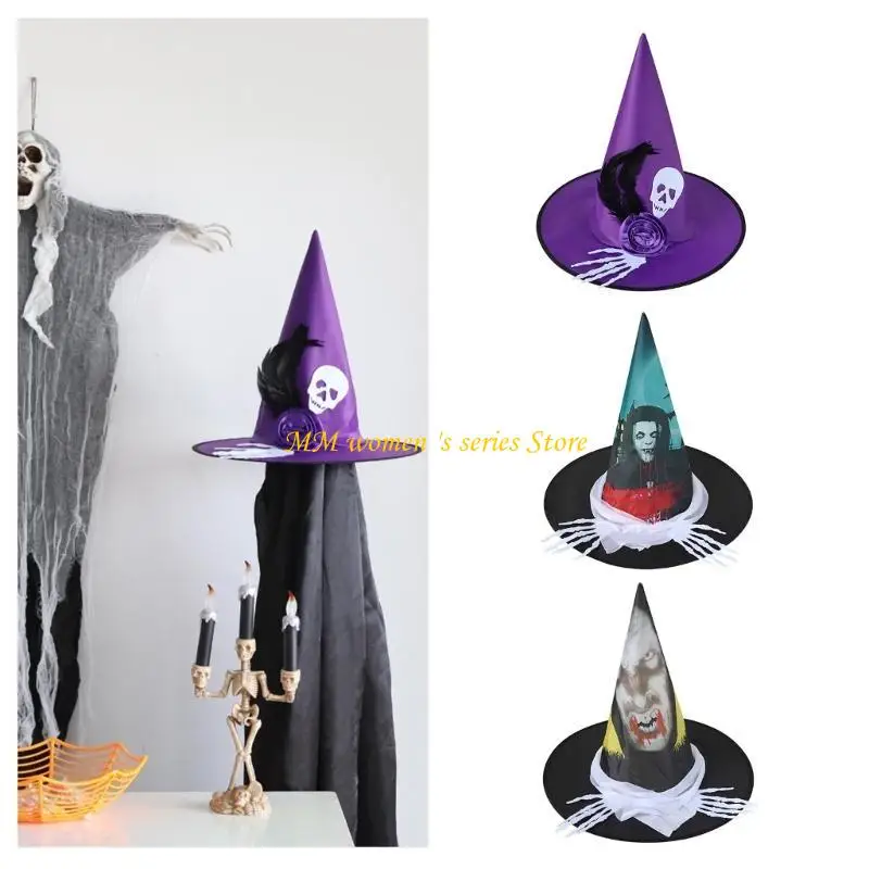 Q39C Cappello da strega Halloween con mano scheletrica Cappello da mago per feste Berretto da strega a punta unisex Copricapo