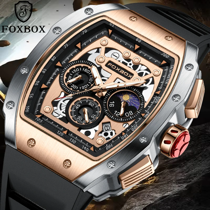 

Мужские часы FOXBOX, лучшие брендовые роскошные силиконовые квадратные часы-хронограф для мужчин, модные спортивные водонепроницаемые кварцевые часы для мужчин