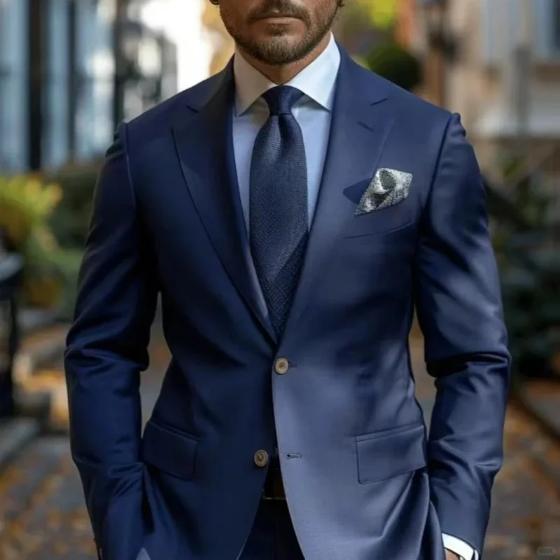 Navy Blue Men's Two-Piece Suit Wedding & Business Single-Breasted Slim-Fit Formal Jacket & Trousers Elegant Men's Blazer