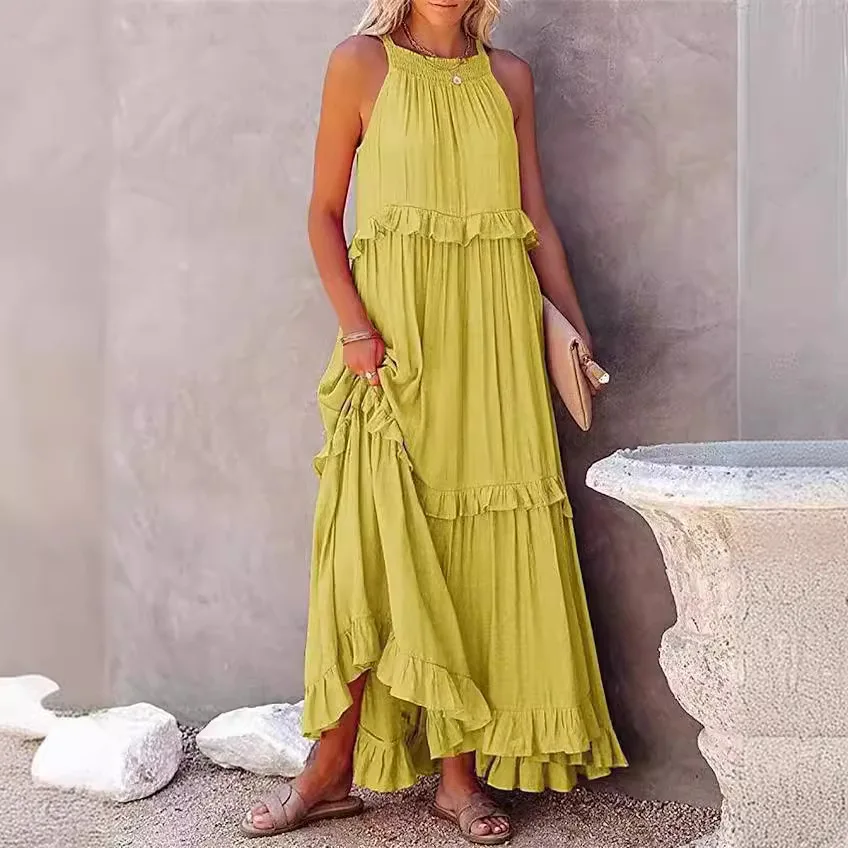 Summer New Style Long Beach Dress Women's Gauze  Holiday Style Midi Skirt Loose Fit Polyester Material Commute Basic Model