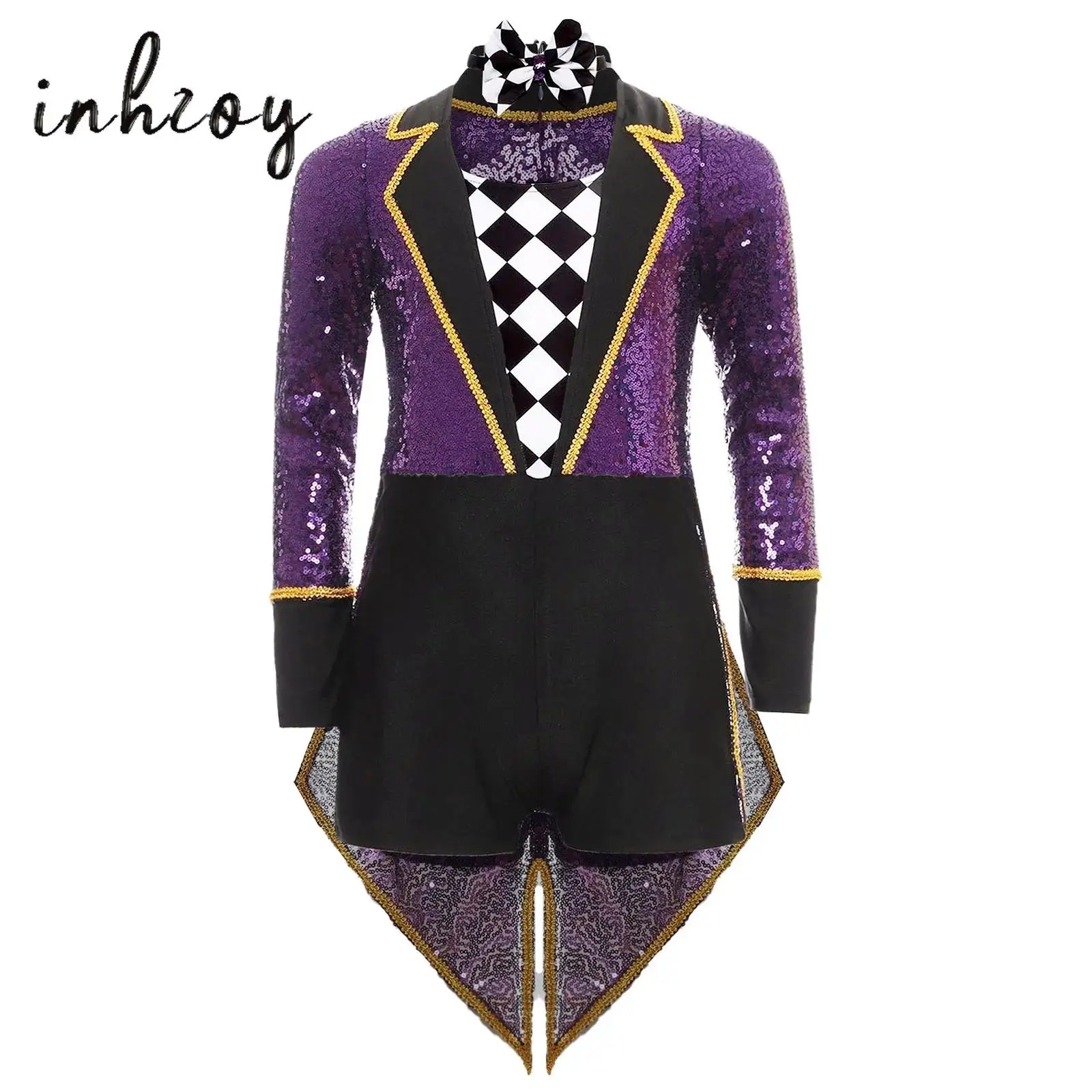 

Unisex Girls Boys Halloween Circus Costume Magician Cosplay Suit Long Sleeve Sequins Checkerboard Tailcoat Jumpsuit with Bow Tie