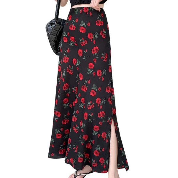 

red flower Satin Floral Skirt Women Summer Vintage Long Skirt
