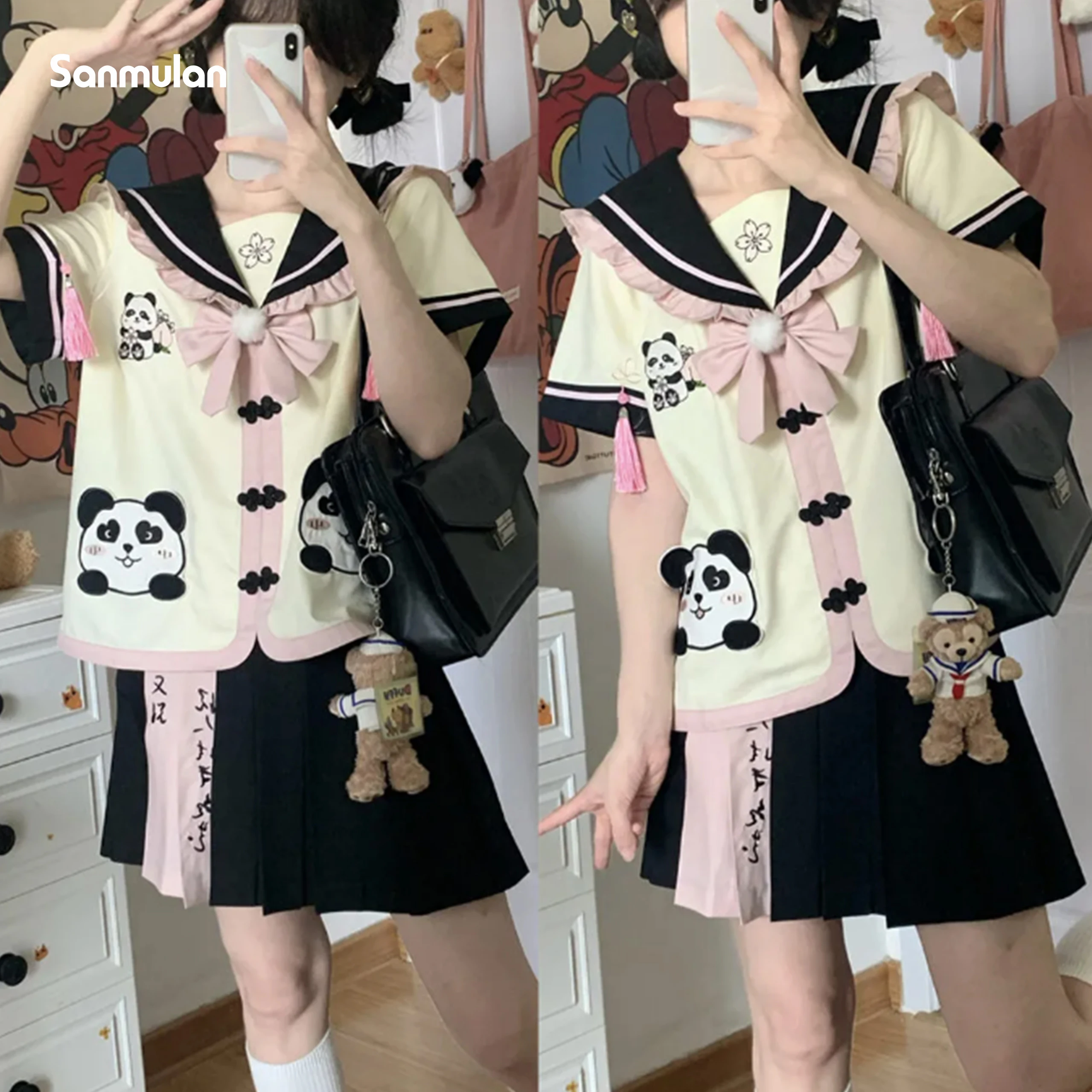 Japanese and Korean Cherry Blossom Panda Kindergarten Sweet and Cute Jk Uniform Spring and Summer Short-sleeve Sailor Suit Woman