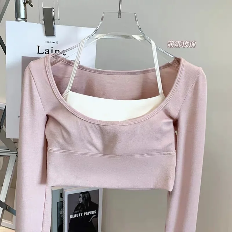 Damen Yoga-Top mit eckigem Ausschnitt, langen Ärmeln, integriertem BH, „Naked-Feeling“, Kontrastfarben, schmaler Passform, atmungsaktiv, Fitness-Workout-Crop-Top – Detail 8