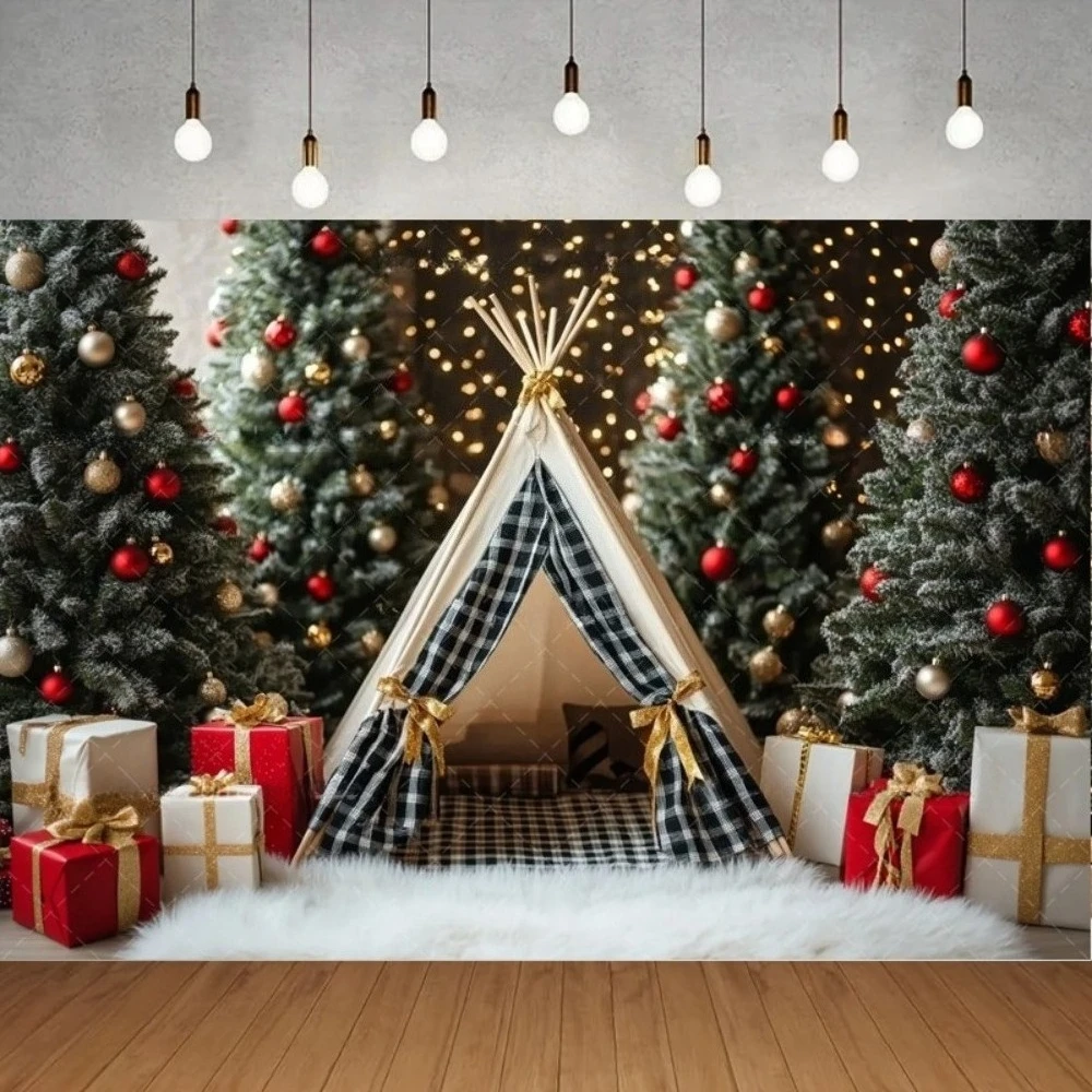 

Winter Christmas Grille Camping Tent Photography Backdrop, Christmas Tree Sparkling Lights, Family Children Photography Backdrop