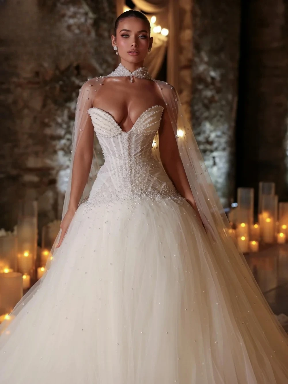 

Romantic Sweetheart Pearl Beaded Ball Gown Wedding Dress 2026 Luxury Beaded Cape Cathedral Train Bridal Gown Vestidos De Novia