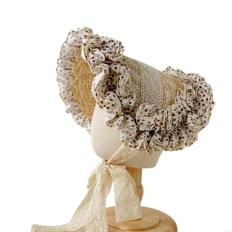 

N1HB Дети, плоская шляпа шляпа, шляпа, кружев, цветочный рисунок французский шляпа для детей 2-10 лет защиты от солнца