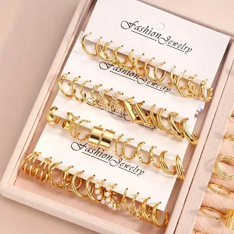 48PCS Golden Metal Hoop Earrings Set Multipack Trendy Silvery Chunky Earrings Jewelry Christmas Birthday Gift for Women