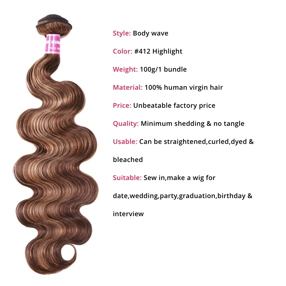 Unice Hair-Honey Blonde Destaque Body Wave Pacotes de cabelo humano, 3 ou 4 Pacotes, mistos de cor marrom, tecelagem rápida, costurar