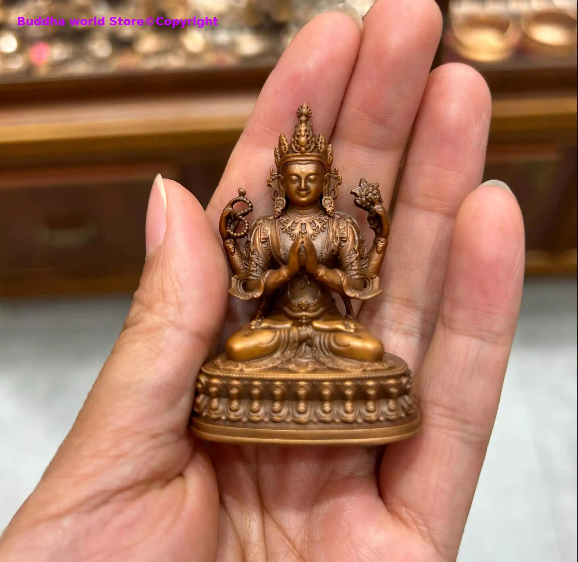 Copper carving Exquisite Small Wisdom Buddha statue Four-Armed Avalokiteshvara Buddhist altar tibetan family monk worship 5cm