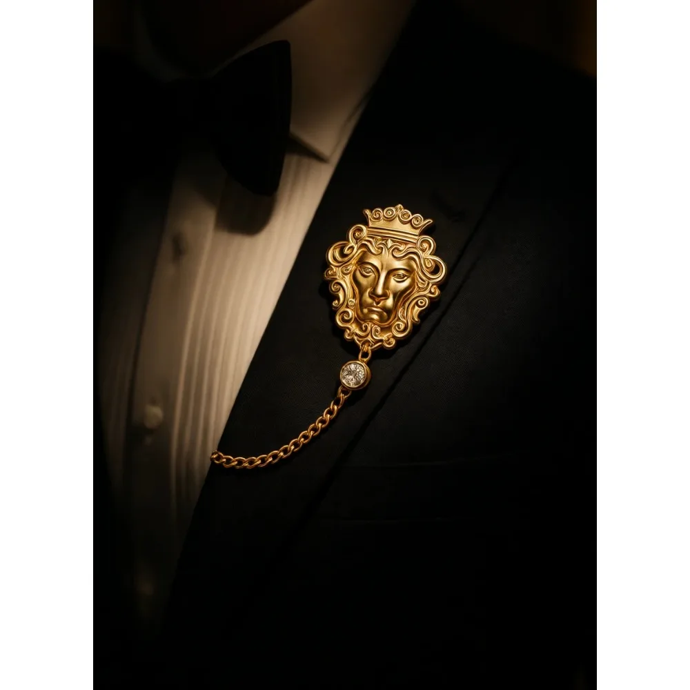 

Винтажная мужская брошь-булавка с золотой короной и изображением короля-лева, на цепочке, для костюма/пальто